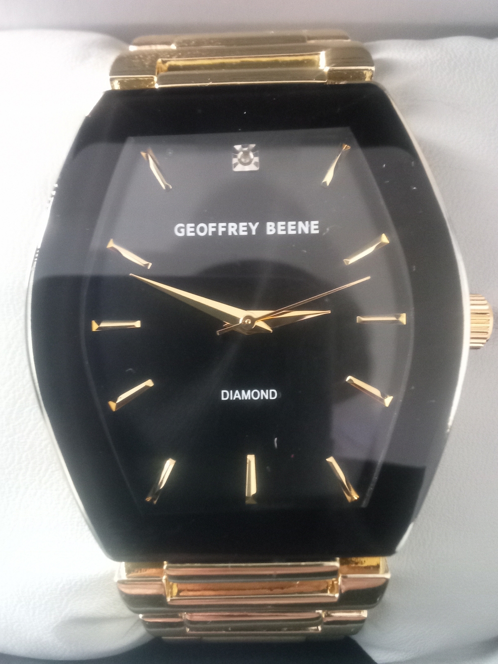 Geoffrey Beene Black Dial Gold-Tone Bracelet Watch with Diamond Accent